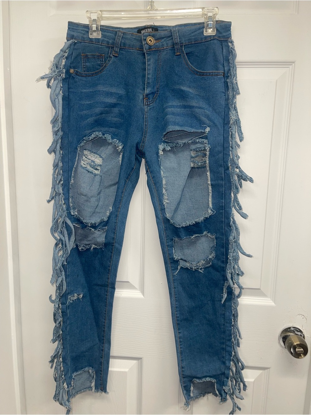 NWT Phoebe J Distressed Side Fringe Skinny Jeans Large Great Stretch